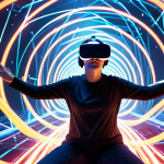 **Prompt 1: Virtual Reality Art Creation**
    An artist wearing VR goggles, immersed in a boundless virtual space, actively drawing or sculpting luminous 3D forms and light trails in the air around them. The scene is futuristic and imaginative, showing freedom and dynamic movement within a vibrant, abstract digital canvas.